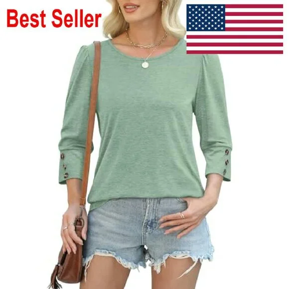 3/4 Sleeve Button Blouse Elegant Chic Casual Work Wear Flowy Fit - Picture 4 of 8